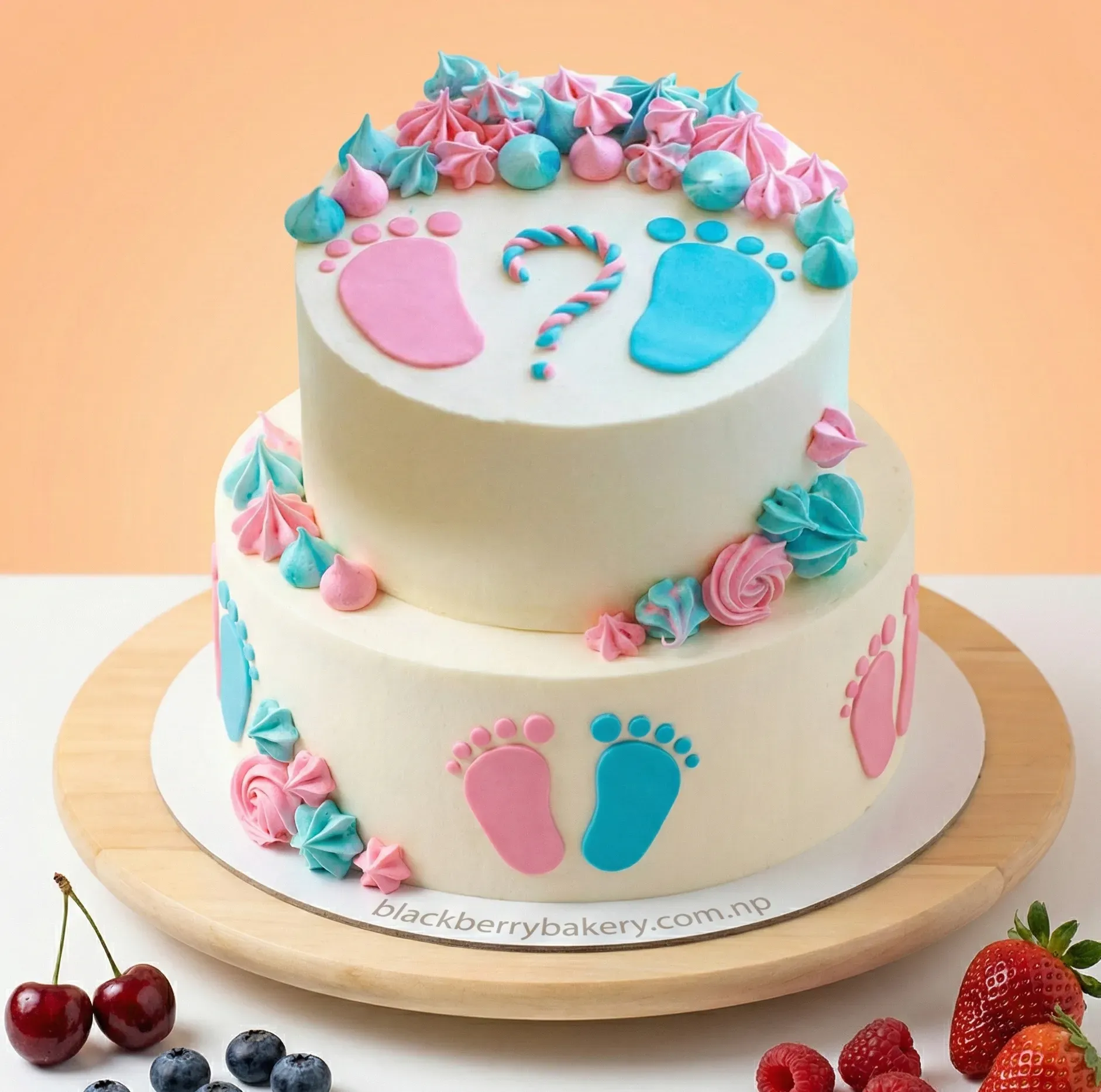 Baby Shower Cake with Blue and Pink Cream Flowers