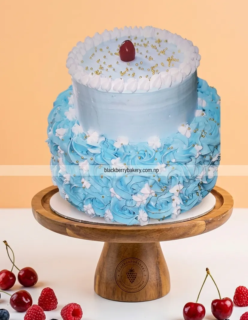 White Blue Floral Theme Multi Layer Cake